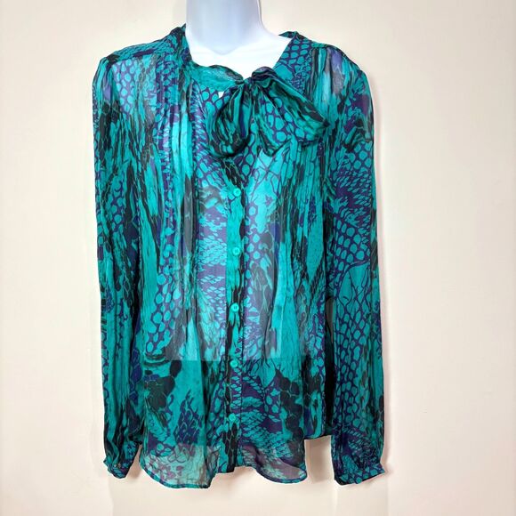 Hale Bob SILK Blouse sz M Animal Print Green Neck Tie Mermaidcore Dark Fairy - Picture 1 of 9